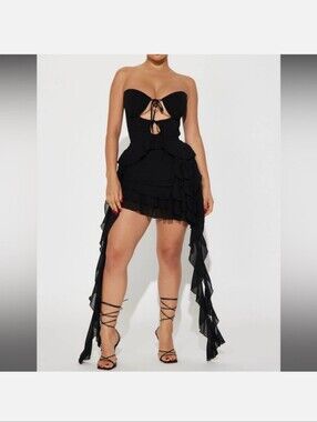 Fashion Nova Linda Ruffle Mini Dress Black Size XL NWT Strapless Lace-Up Corset